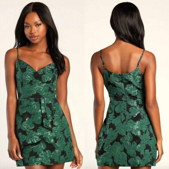 NWT Lulus black emerald green floral jacquard Gem Of The Night mini dress - Picture 1 of 6